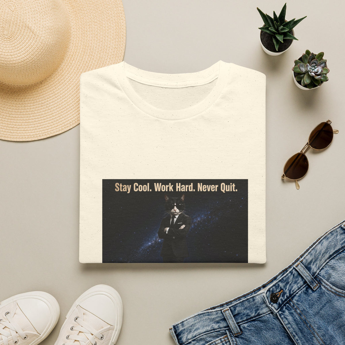 Cool Cat Motivational T-Shirt — "Stay Cool. Work Hard. Never Quit."