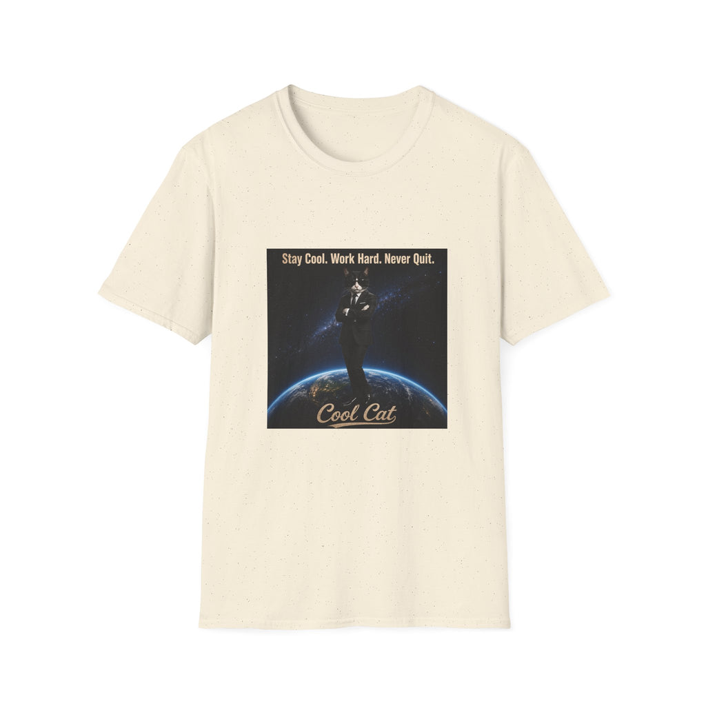 Cool Cat Motivational T-Shirt — "Stay Cool. Work Hard. Never Quit."