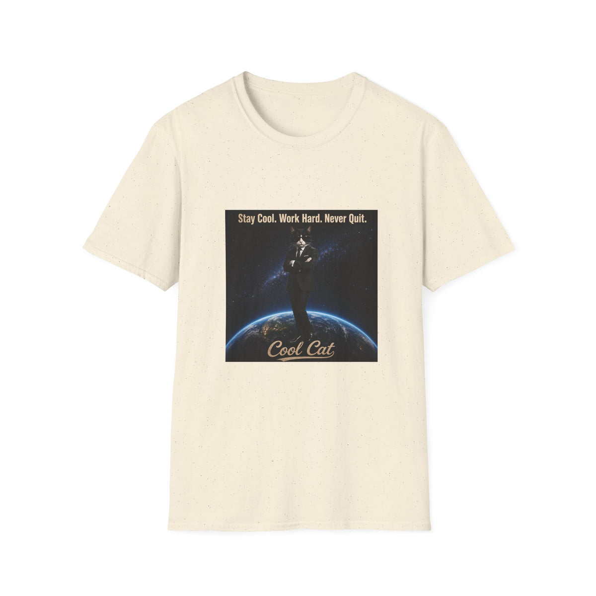 Cool Cat Motivational T-Shirt — "Stay Cool. Work Hard. Never Quit."
