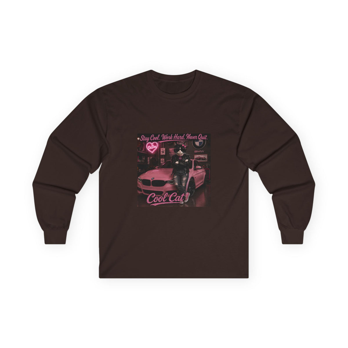 Cool Cat Long Sleeve Tee – "Stay Cool. Work Hard. Never Quit." Graphic Shirt
