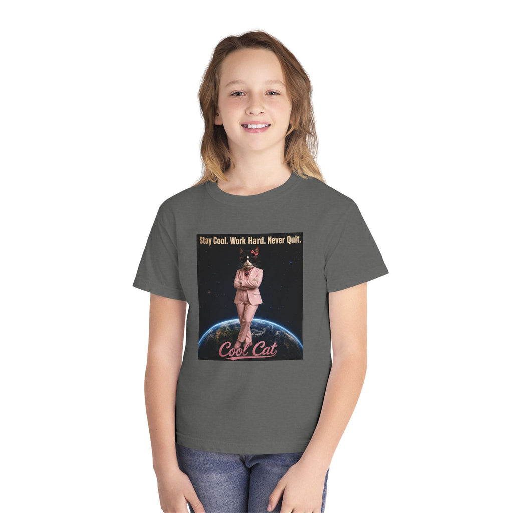 Cool Cat De Dee Standing on the Globe Youth Tee — 'Stay Cool. Work Hard. Never Quit.' Motivational Graphic Tee