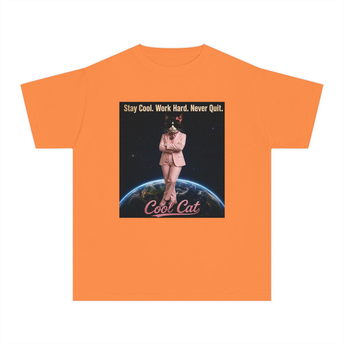 Cool Cat De Dee Standing on the Globe Youth Tee — 'Stay Cool. Work Hard. Never Quit.' Motivational Graphic Tee