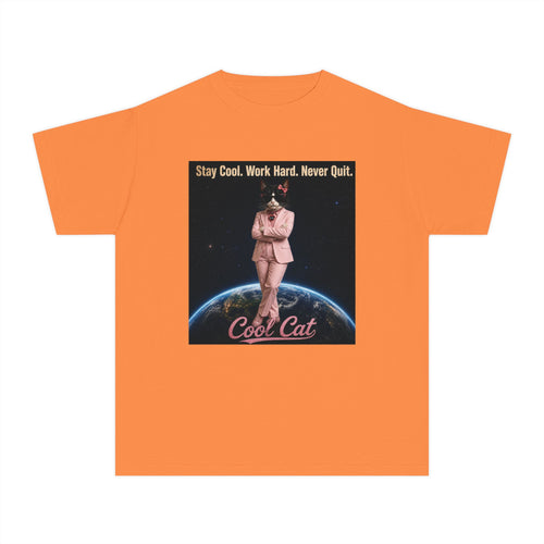 Cool Cat De Dee Standing on the Globe Youth Tee — 'Stay Cool. Work Hard. Never Quit.' Motivational Graphic Tee