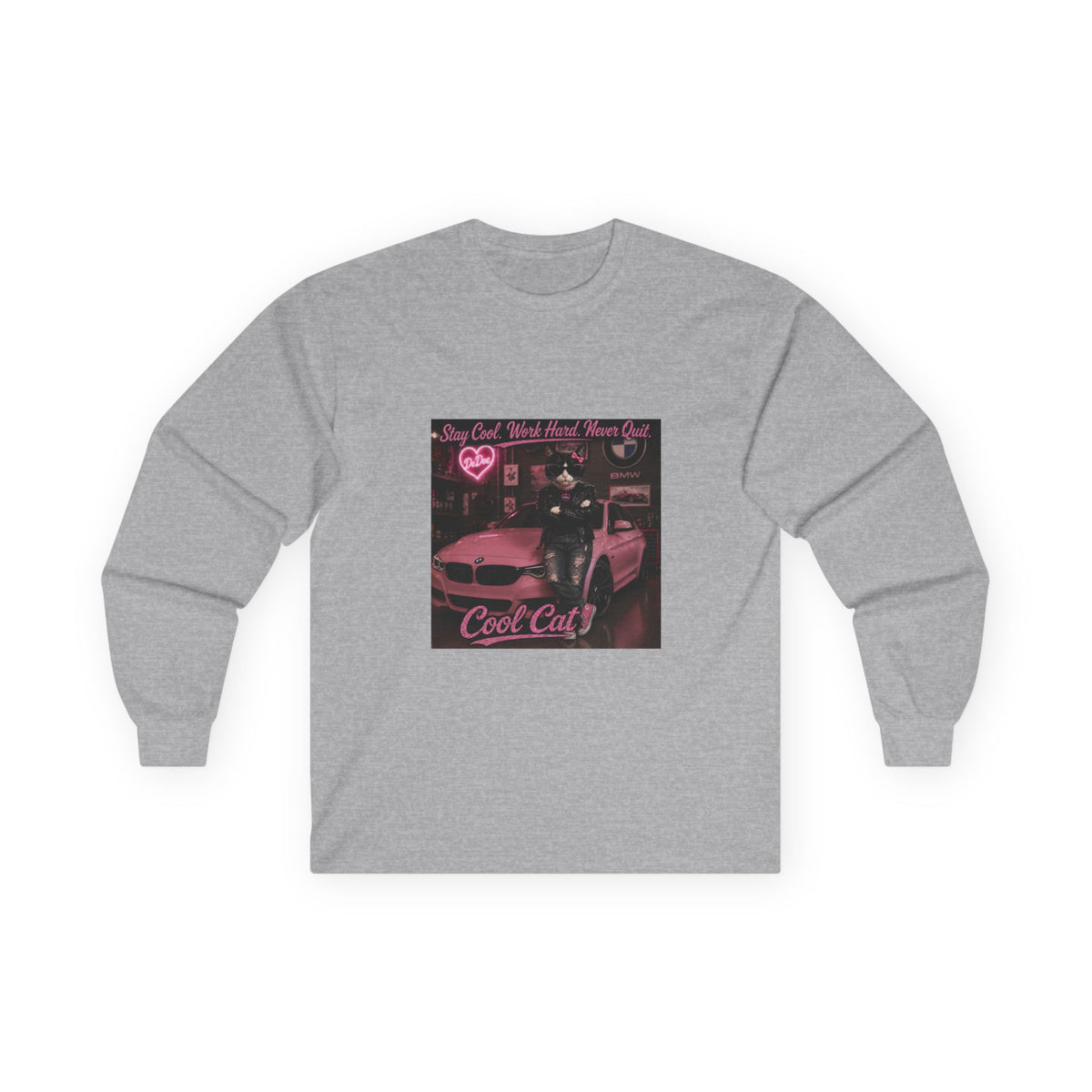 Cool Cat Long Sleeve Tee – "Stay Cool. Work Hard. Never Quit." Graphic Shirt