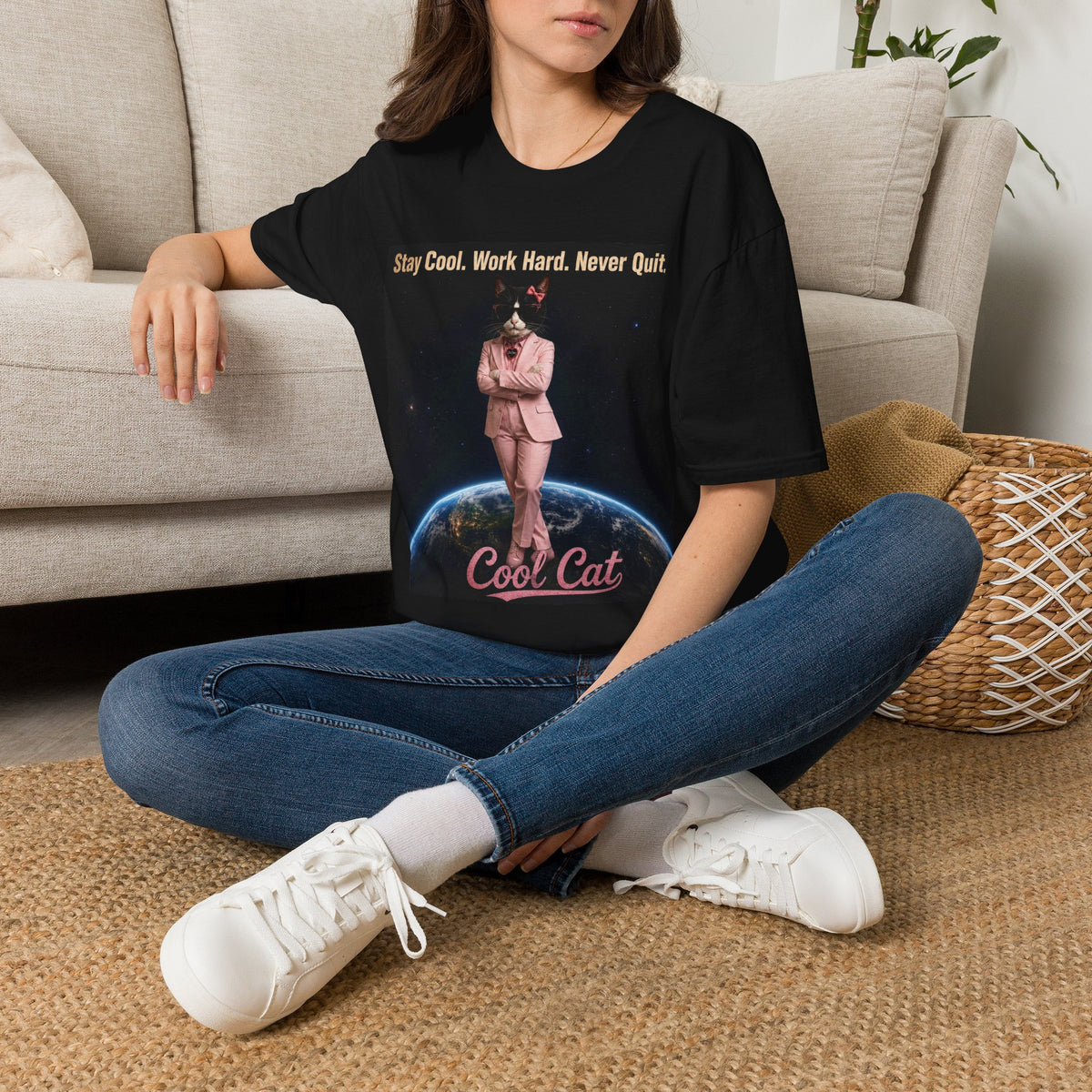 Cool Cat De Dee Standing on the Globe Motivational T-Shirt — "Stay Cool. Work Hard. Never Quit."