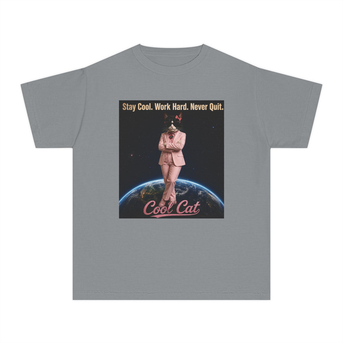 Cool Cat De Dee Standing on the Globe  Youth Tee — "Stay Cool, Work Hard, Never Quit" Motivational Graphic Shirt