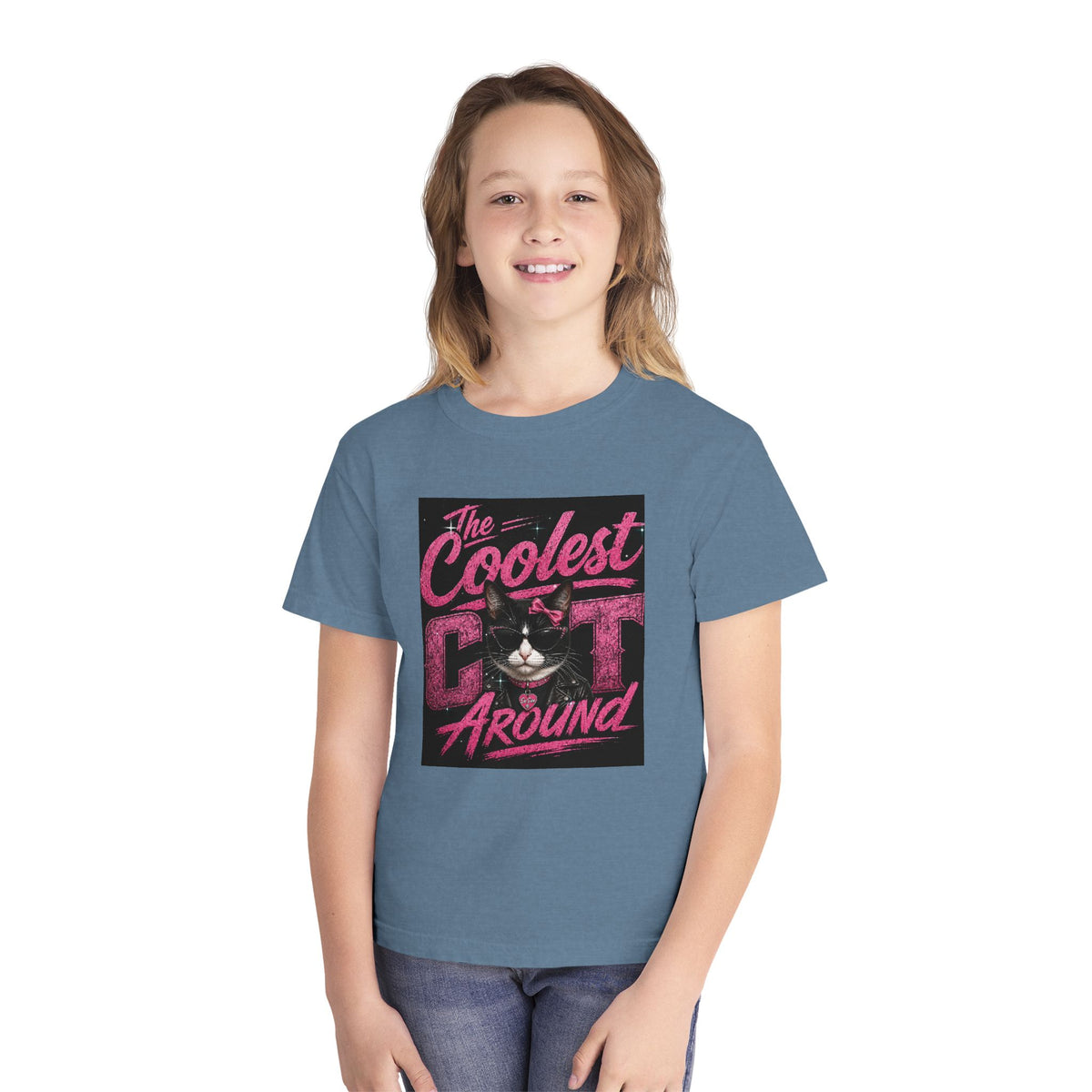 Youth Tee — "The Coolest Cat Around" Graphic Cat Shirt