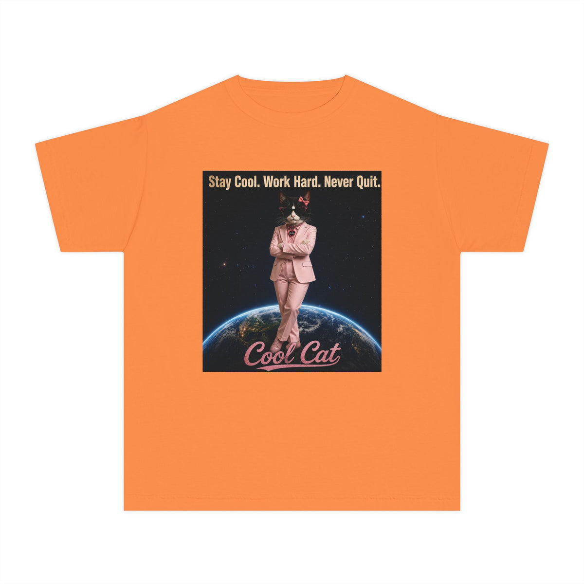 Cool Cat De Dee Standing on the Globe  Youth Tee — "Stay Cool, Work Hard, Never Quit" Motivational Graphic Shirt