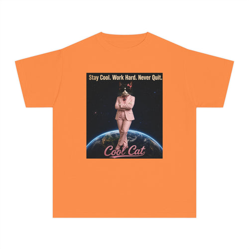 Cool Cat De Dee Standing on the Globe  Youth Tee — "Stay Cool, Work Hard, Never Quit" Motivational Graphic Shirt