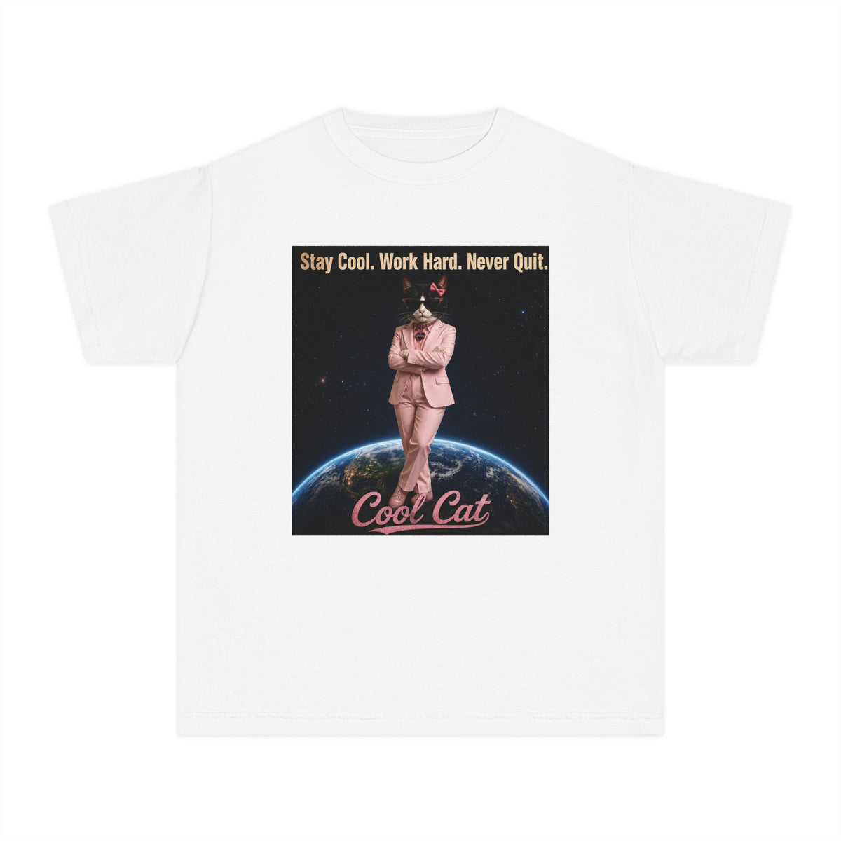 Cool Cat De Dee Standing on the Globe  Youth Tee — "Stay Cool, Work Hard, Never Quit" Motivational Graphic Shirt