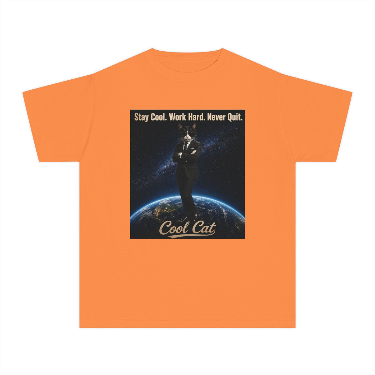Cool Cat Youth Tee — "Stay Cool, Work Hard, Never Quit" Motivational Graphic Shirt