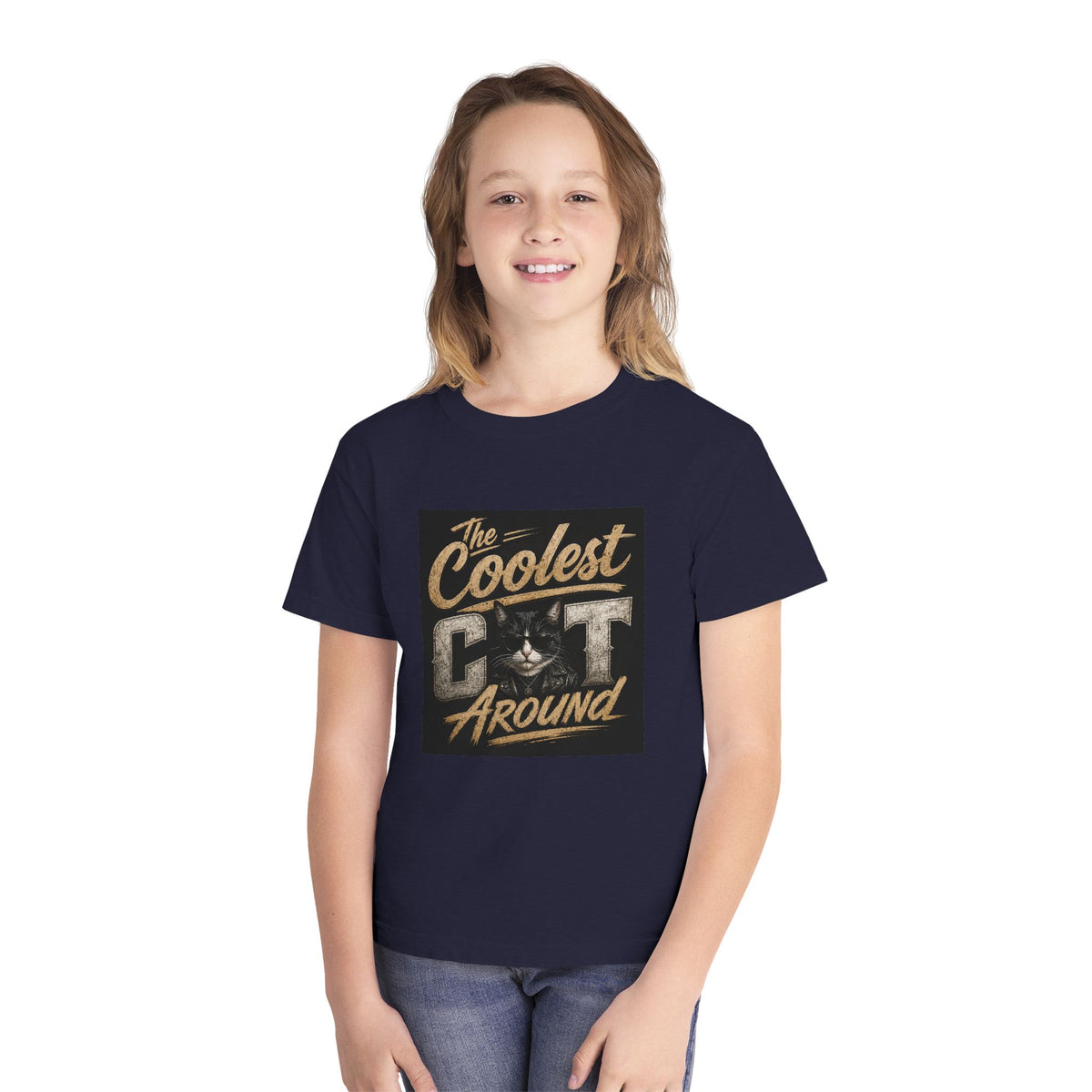 Youth Tee - "The Coolest Cat Around" Retro Graphic Cat Shirt