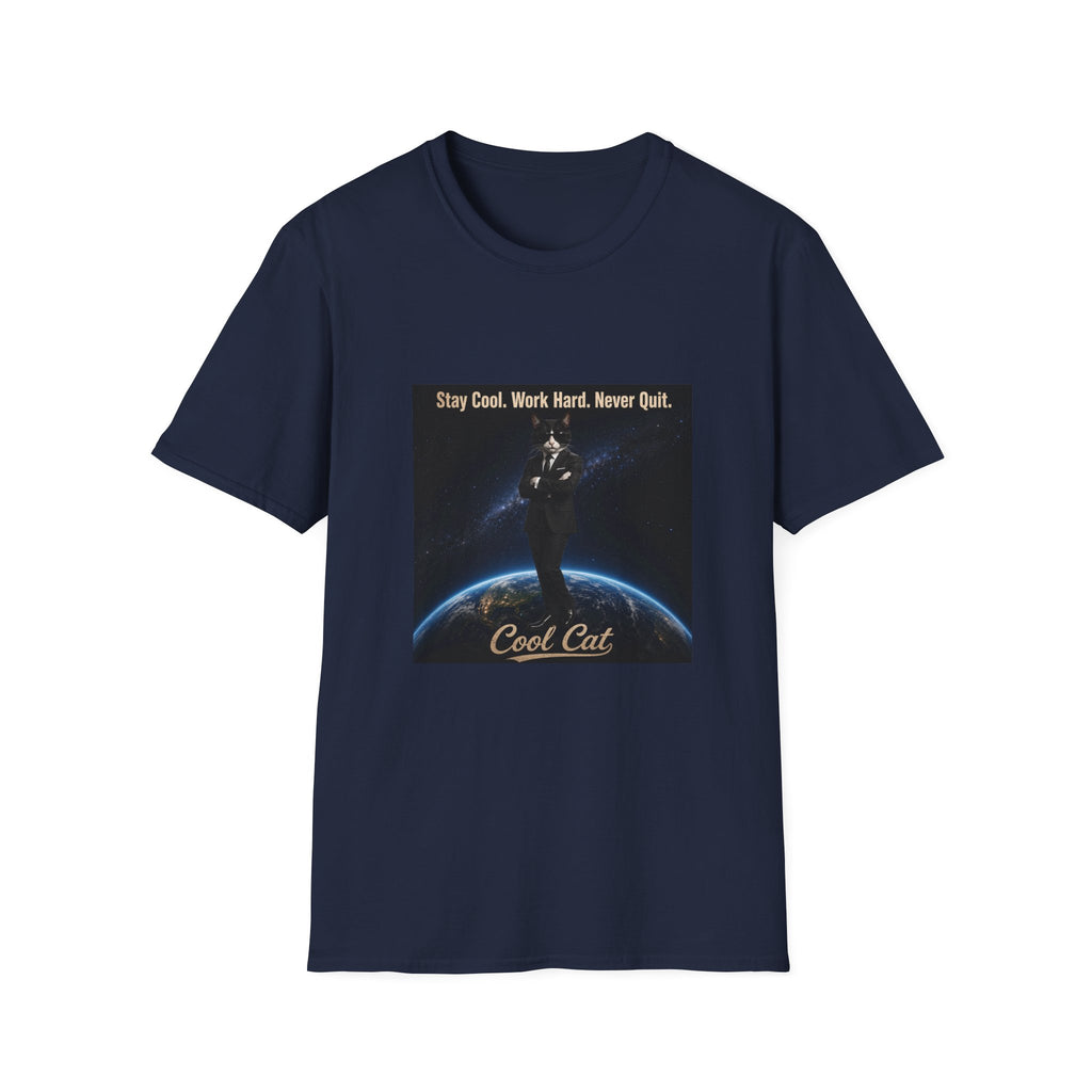 Cool Cat Motivational T-Shirt — "Stay Cool. Work Hard. Never Quit."
