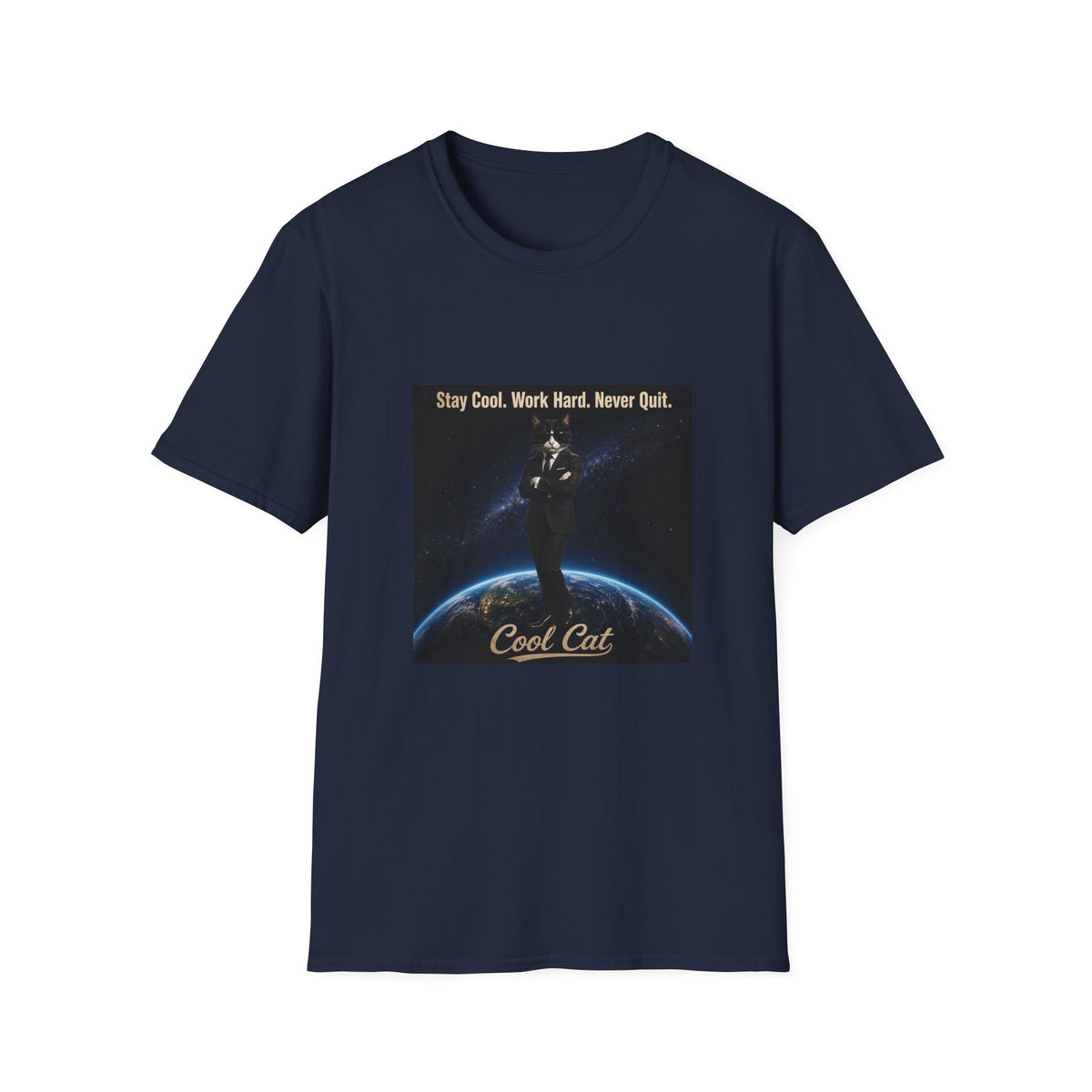 Cool Cat Motivational T-Shirt — "Stay Cool. Work Hard. Never Quit."