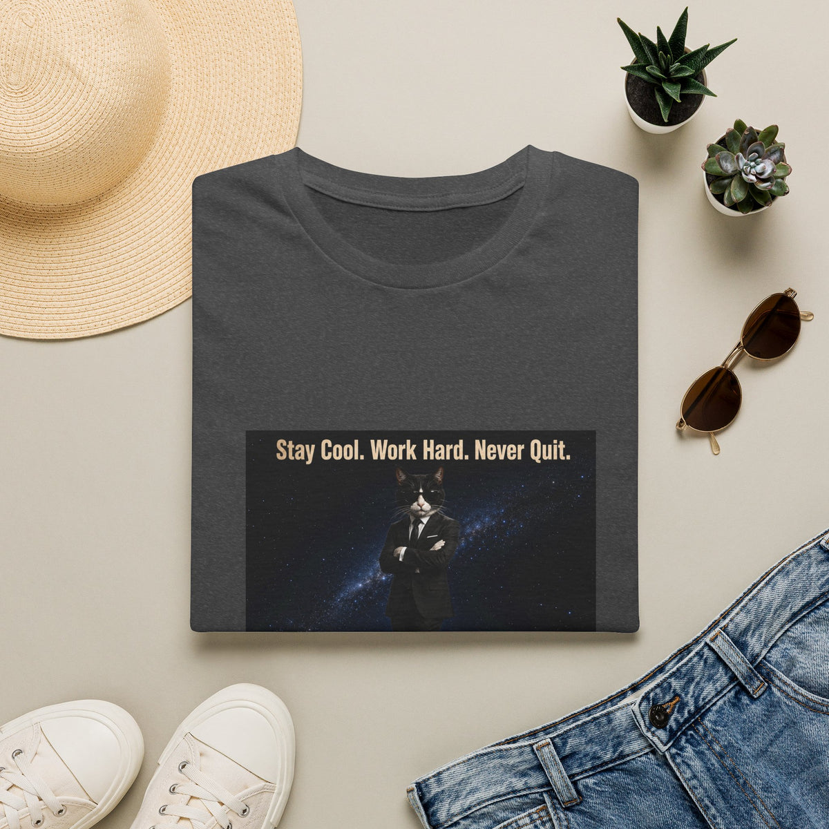 Cool Cat Motivational T-Shirt — "Stay Cool. Work Hard. Never Quit."