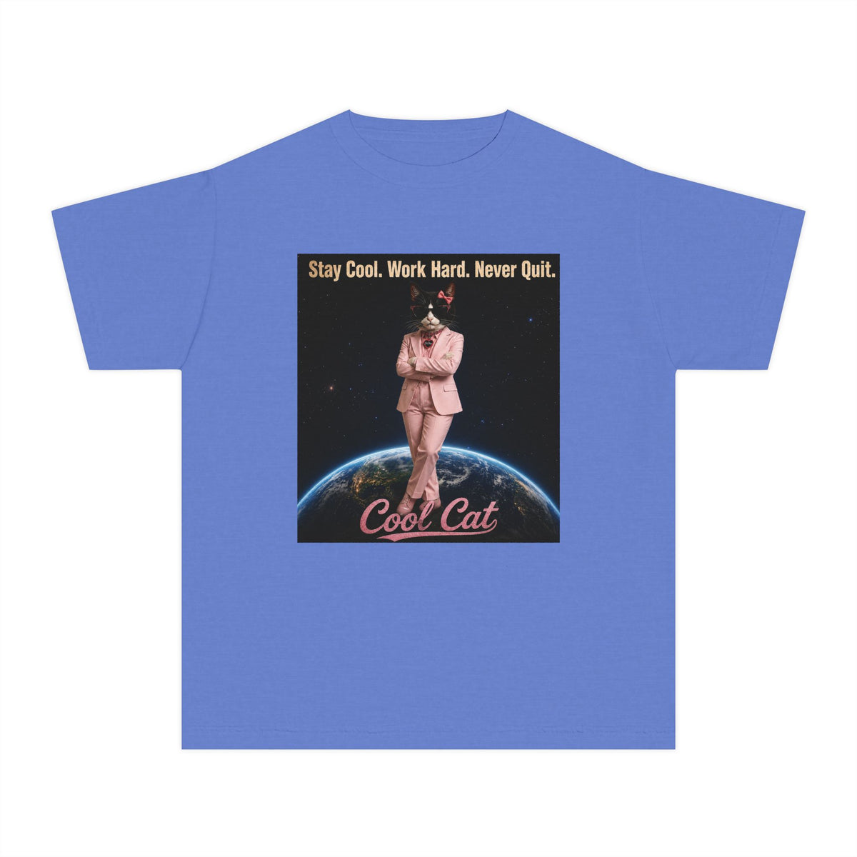 Cool Cat De Dee Standing on the Globe Youth Tee — 'Stay Cool. Work Hard. Never Quit.' Motivational Graphic Tee
