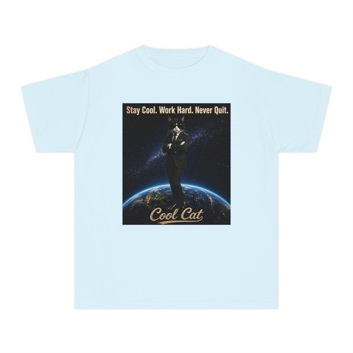 Cool Cat Youth Tee — "Stay Cool, Work Hard, Never Quit" Motivational Graphic Shirt