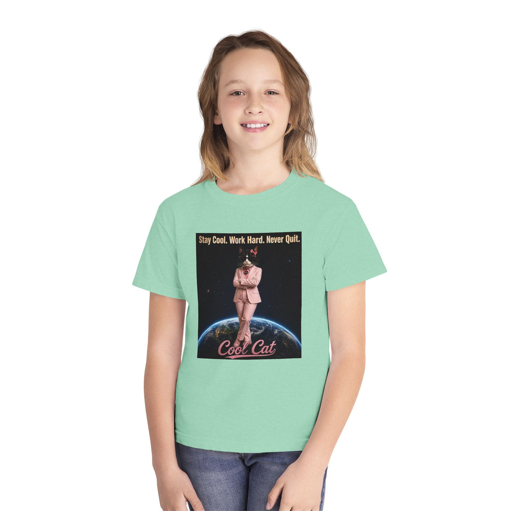 Cool Cat De Dee Standing on the Globe Youth Tee — 'Stay Cool. Work Hard. Never Quit.' Motivational Graphic Tee