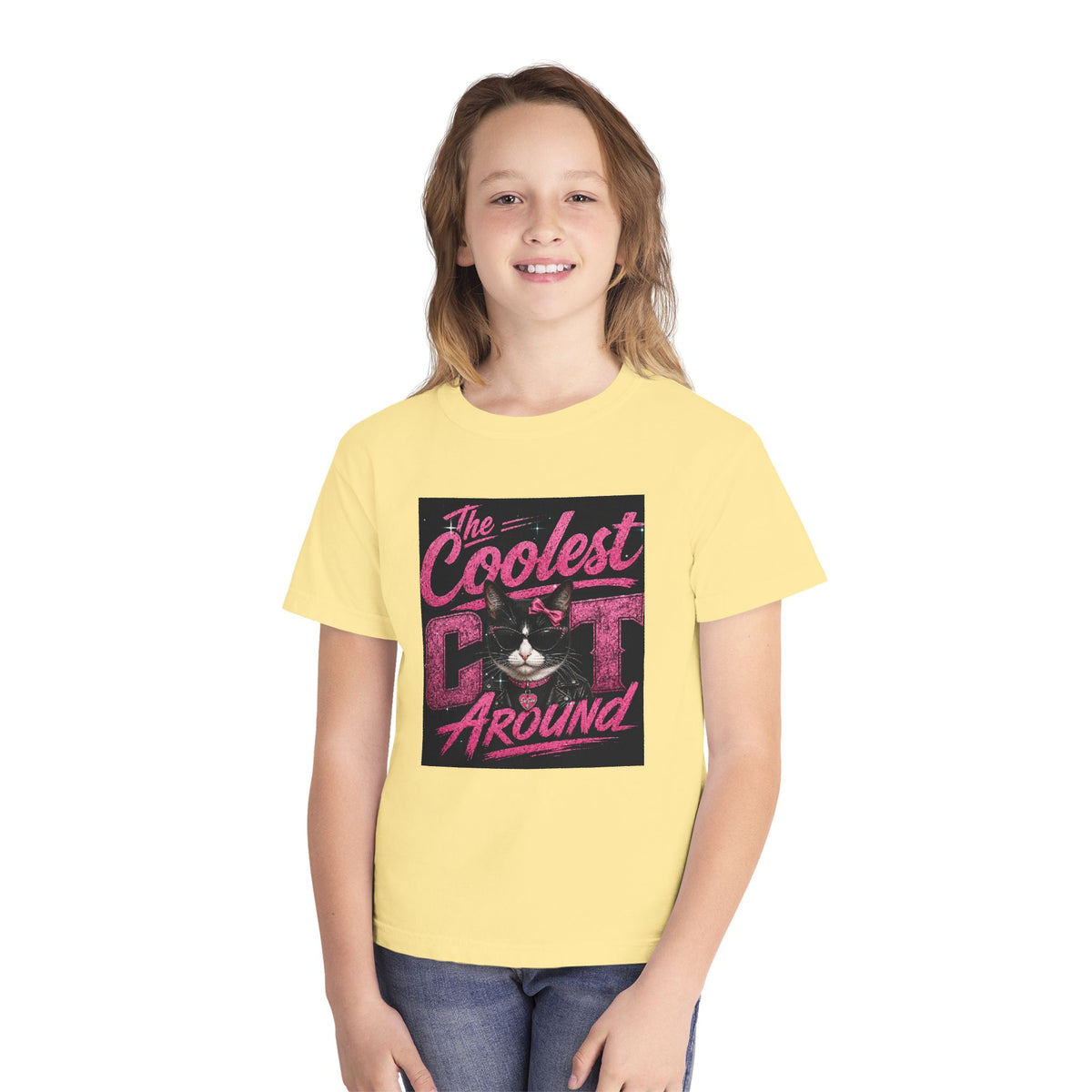 Youth Tee — "The Coolest Cat Around" Graphic Cat Shirt