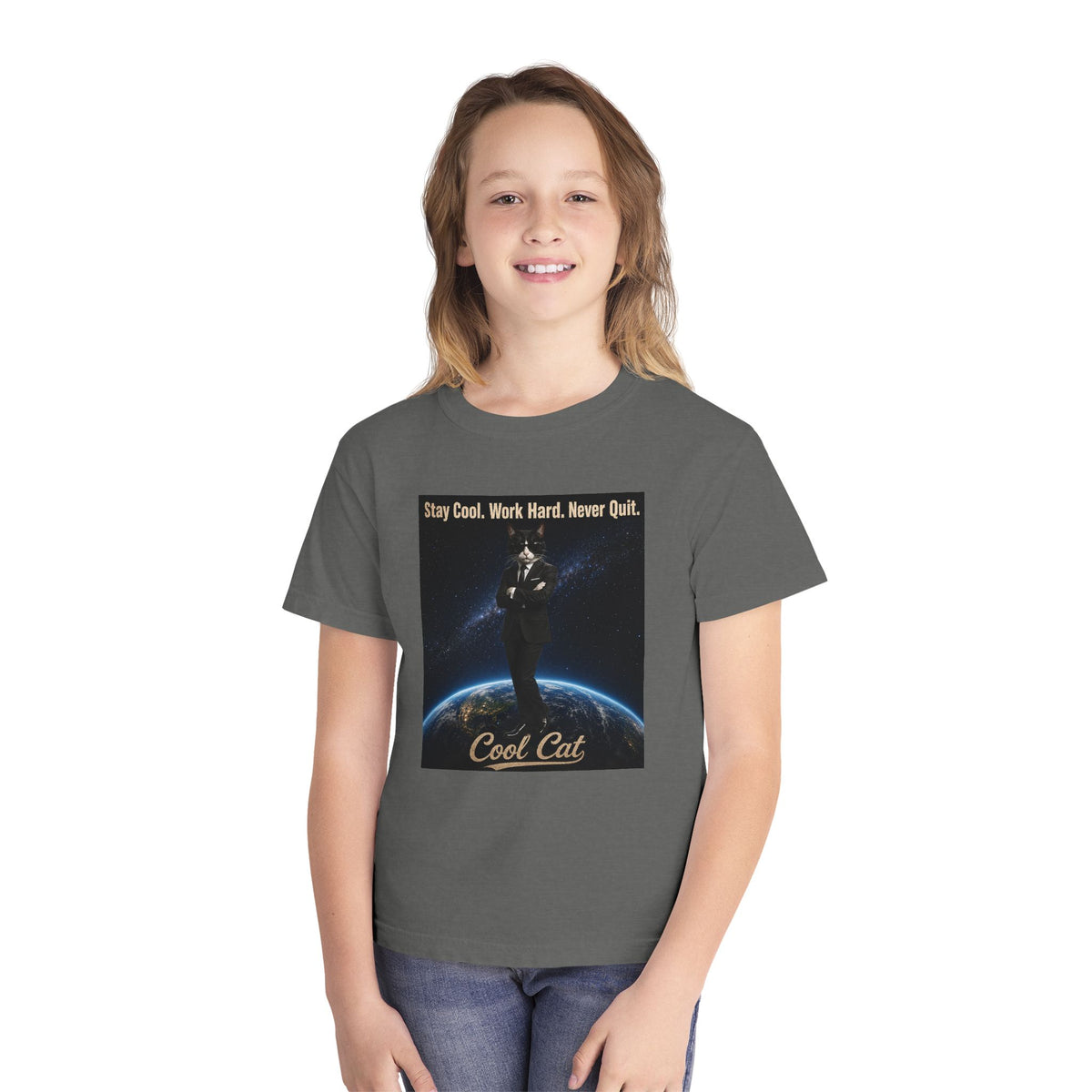 Cool Cat Youth Tee — "Stay Cool, Work Hard, Never Quit" Motivational Graphic Shirt