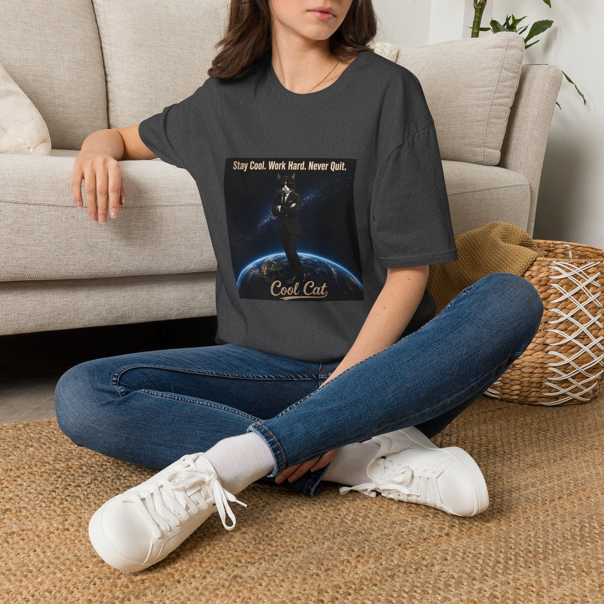 Cool Cat Motivational T-Shirt — "Stay Cool. Work Hard. Never Quit."