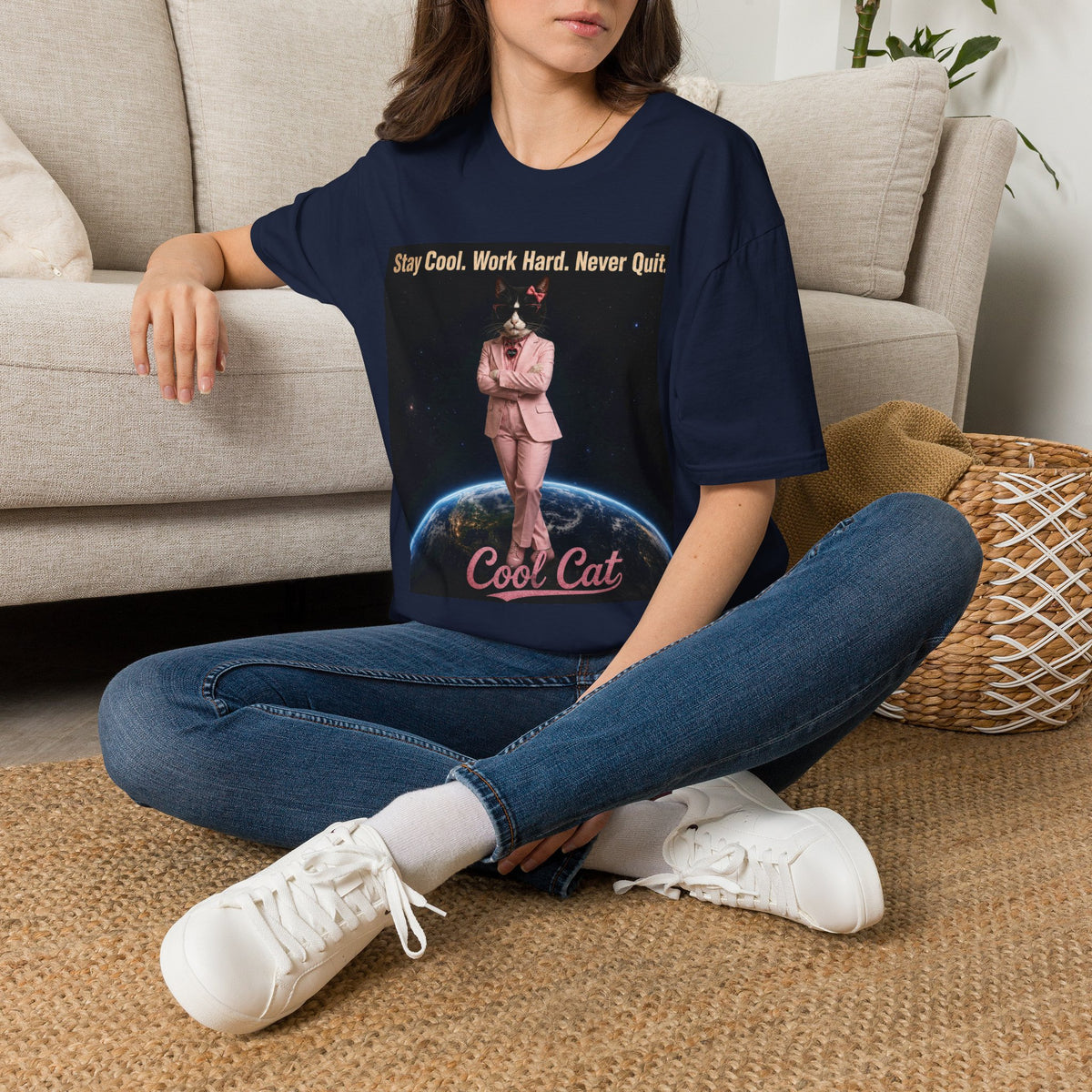 Cool Cat De Dee Standing on the Globe Motivational T-Shirt — "Stay Cool. Work Hard. Never Quit."