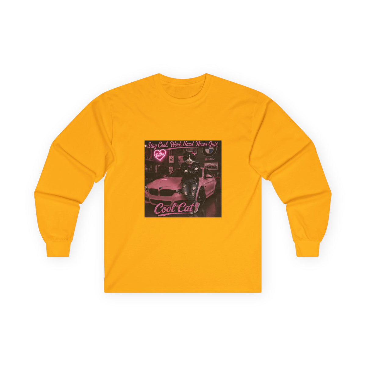Cool Cat Long Sleeve Tee – "Stay Cool. Work Hard. Never Quit." Graphic Shirt