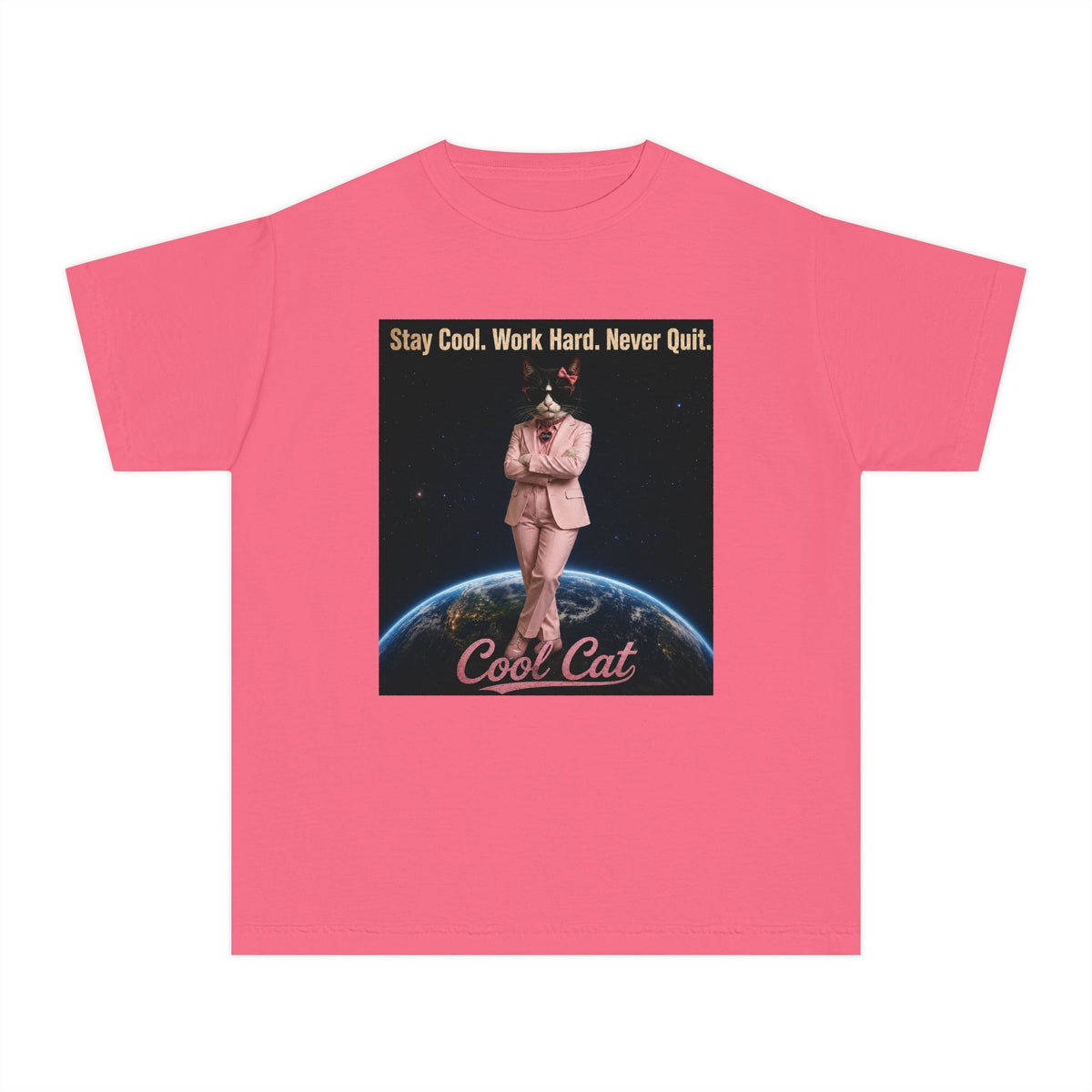 Cool Cat De Dee Standing on the Globe  Youth Tee — "Stay Cool, Work Hard, Never Quit" Motivational Graphic Shirt