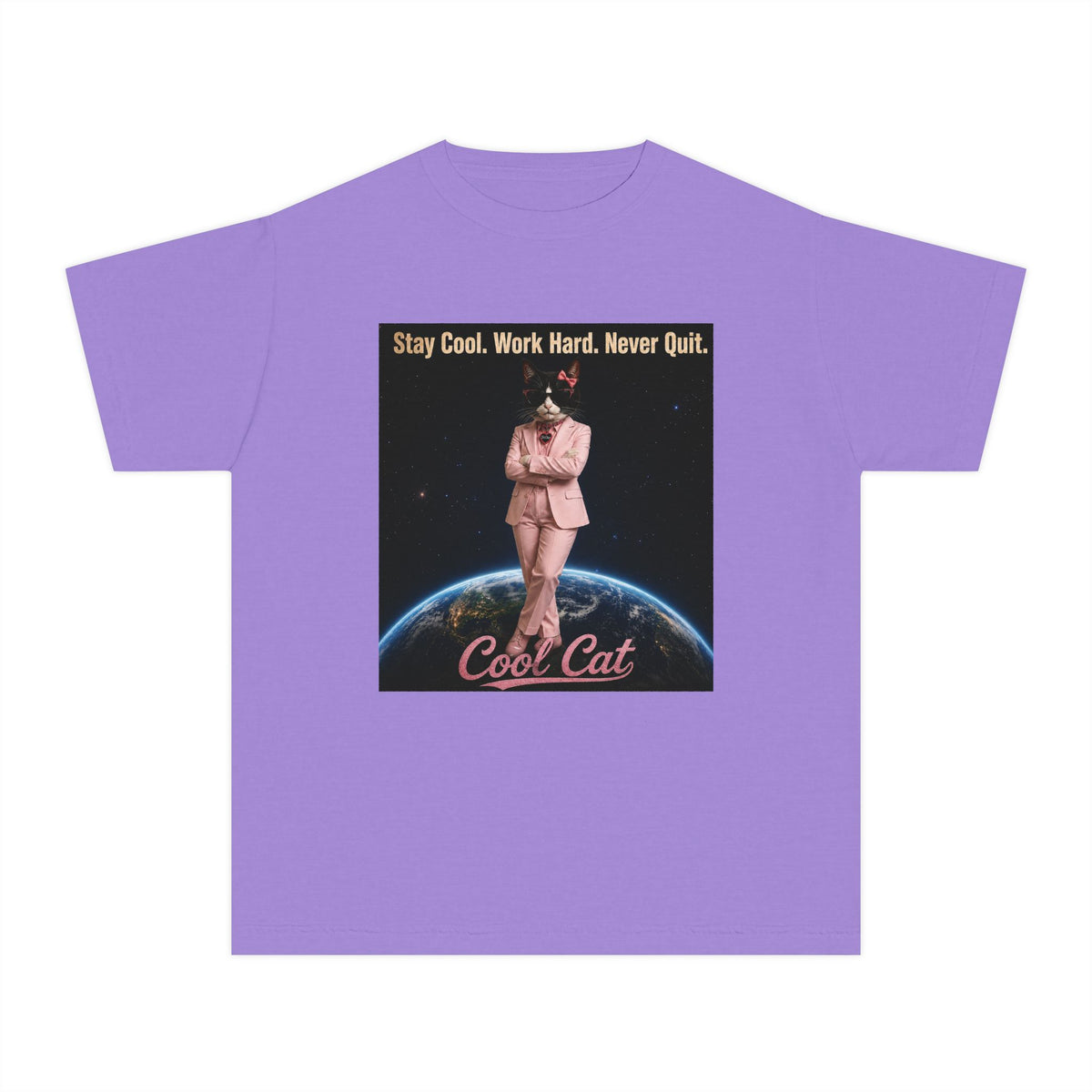 Cool Cat De Dee Standing on the Globe Youth Tee — 'Stay Cool. Work Hard. Never Quit.' Motivational Graphic Tee