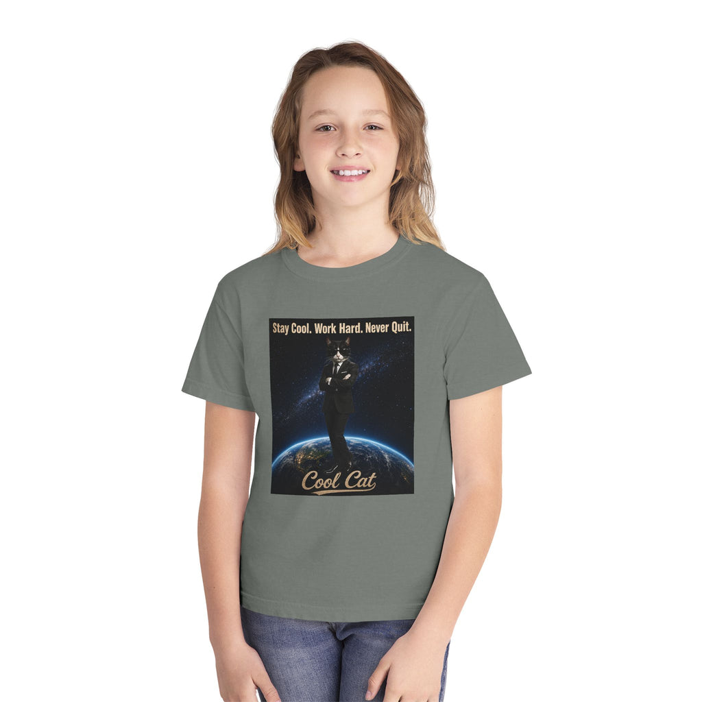 Cool Cat Youth Tee — "Stay Cool, Work Hard, Never Quit" Motivational Graphic Shirt