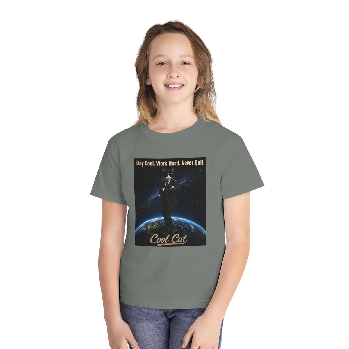 Cool Cat Youth Tee — "Stay Cool, Work Hard, Never Quit" Motivational Graphic Shirt