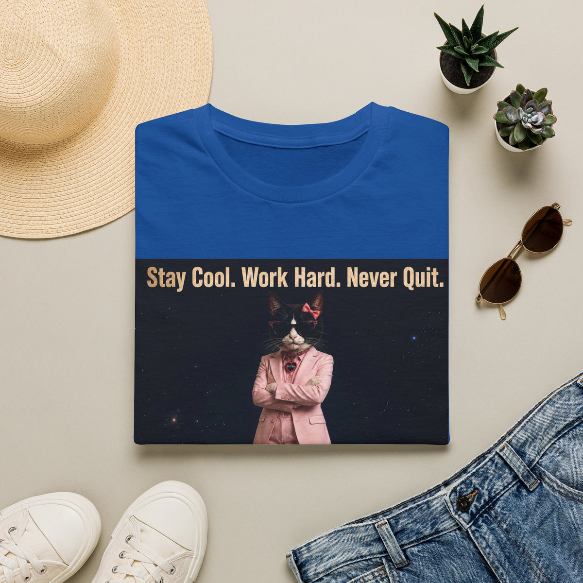 Cool Cat De Dee Standing on the Globe Motivational T-Shirt — "Stay Cool. Work Hard. Never Quit."
