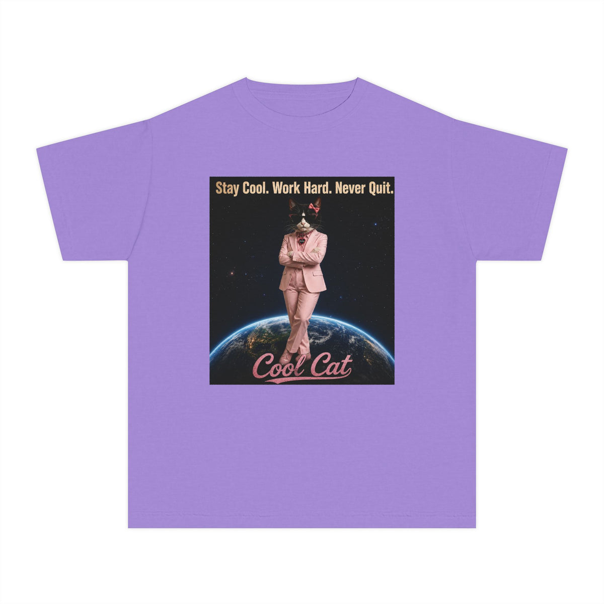 Cool Cat De Dee Standing on the Globe  Youth Tee — "Stay Cool, Work Hard, Never Quit" Motivational Graphic Shirt