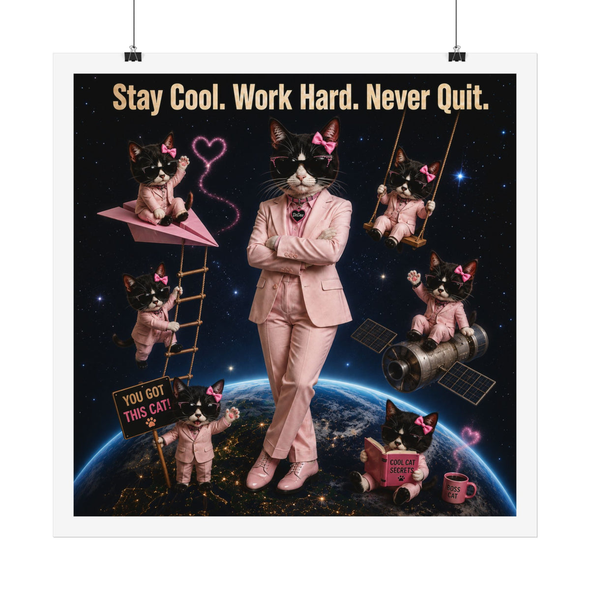 Cool Cat Satin Poster — "Stay Cool. Work Hard. Never Quit." Motivational Cat on the globe.