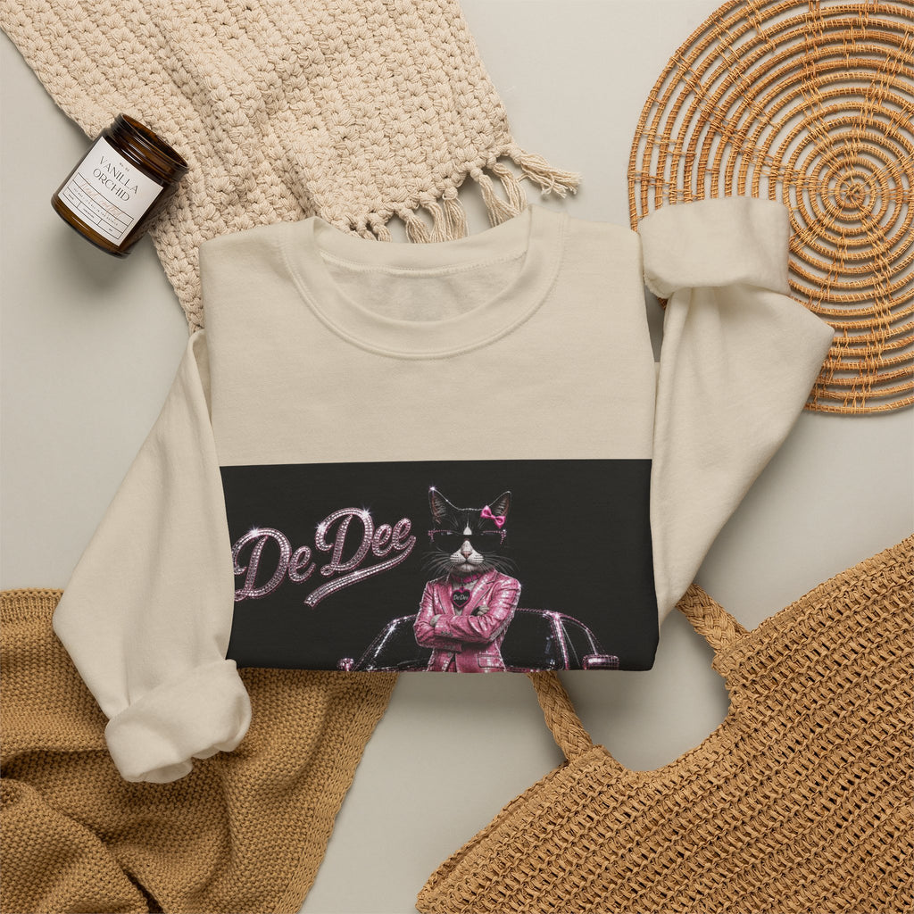 Cool Cat sparkles car Sweatshirt Pink DeDee— Retro Cat Graphic Crewneck