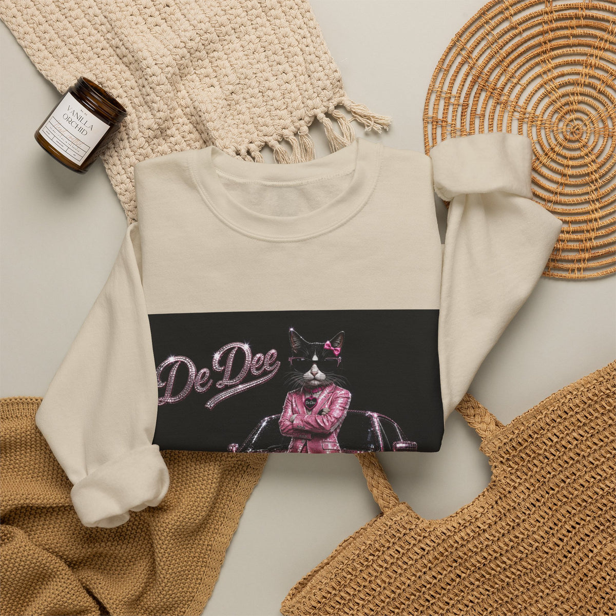 Cool Cat sparkles car Sweatshirt Pink DeDee— Retro Cat Graphic Crewneck