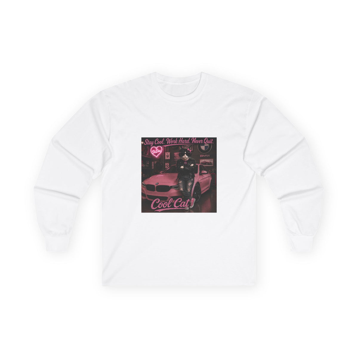 Cool Cat Long Sleeve Tee – "Stay Cool. Work Hard. Never Quit." Graphic Shirt