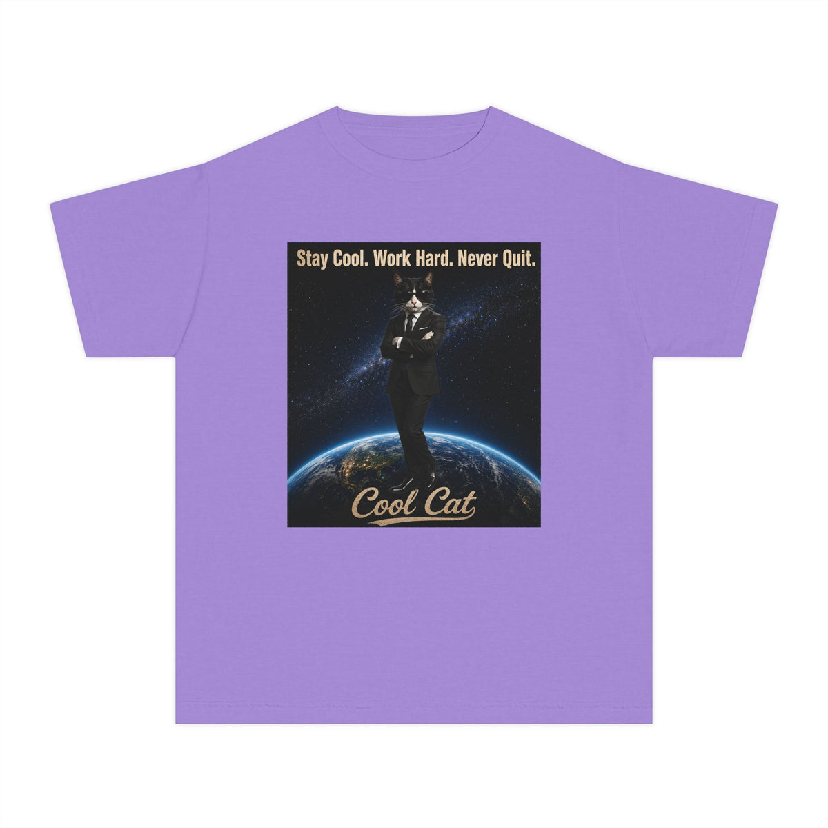 Cool Cat Youth Tee — "Stay Cool, Work Hard, Never Quit" Motivational Graphic Shirt