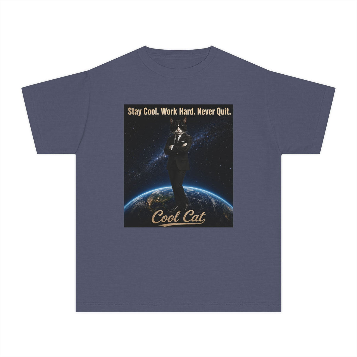 Cool Cat Youth Tee — "Stay Cool, Work Hard, Never Quit" Motivational Graphic Shirt