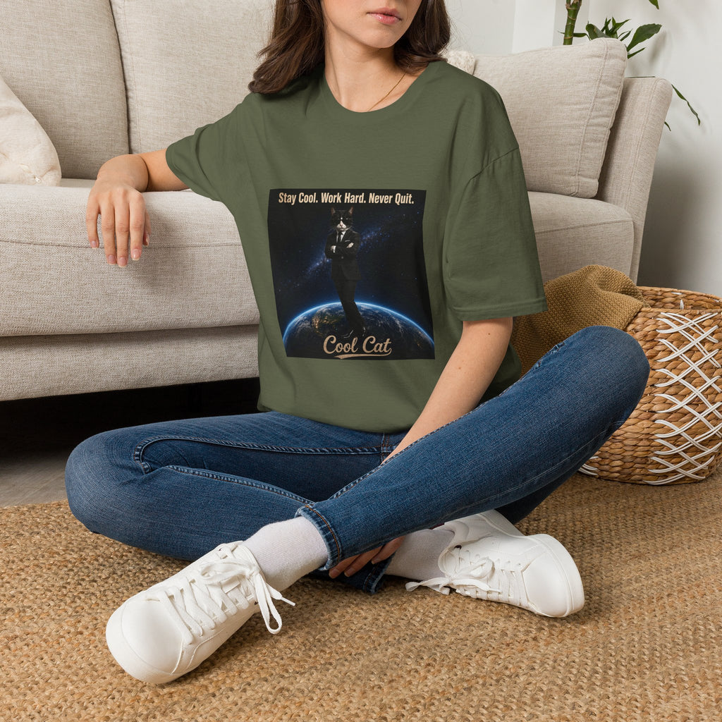 Cool Cat Motivational T-Shirt — "Stay Cool. Work Hard. Never Quit."