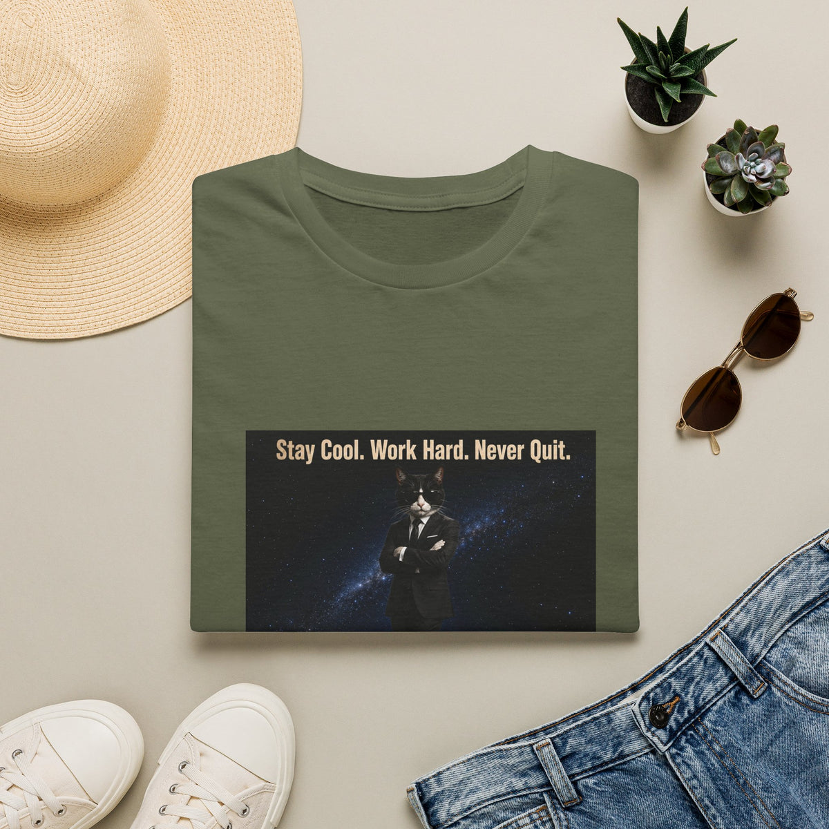 Cool Cat Motivational T-Shirt — "Stay Cool. Work Hard. Never Quit."