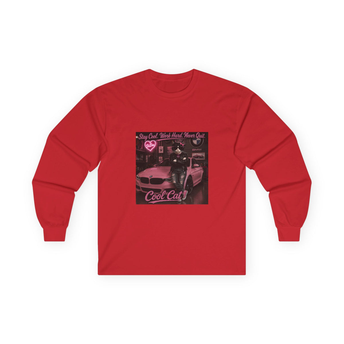 Cool Cat Long Sleeve Tee – "Stay Cool. Work Hard. Never Quit." Graphic Shirt