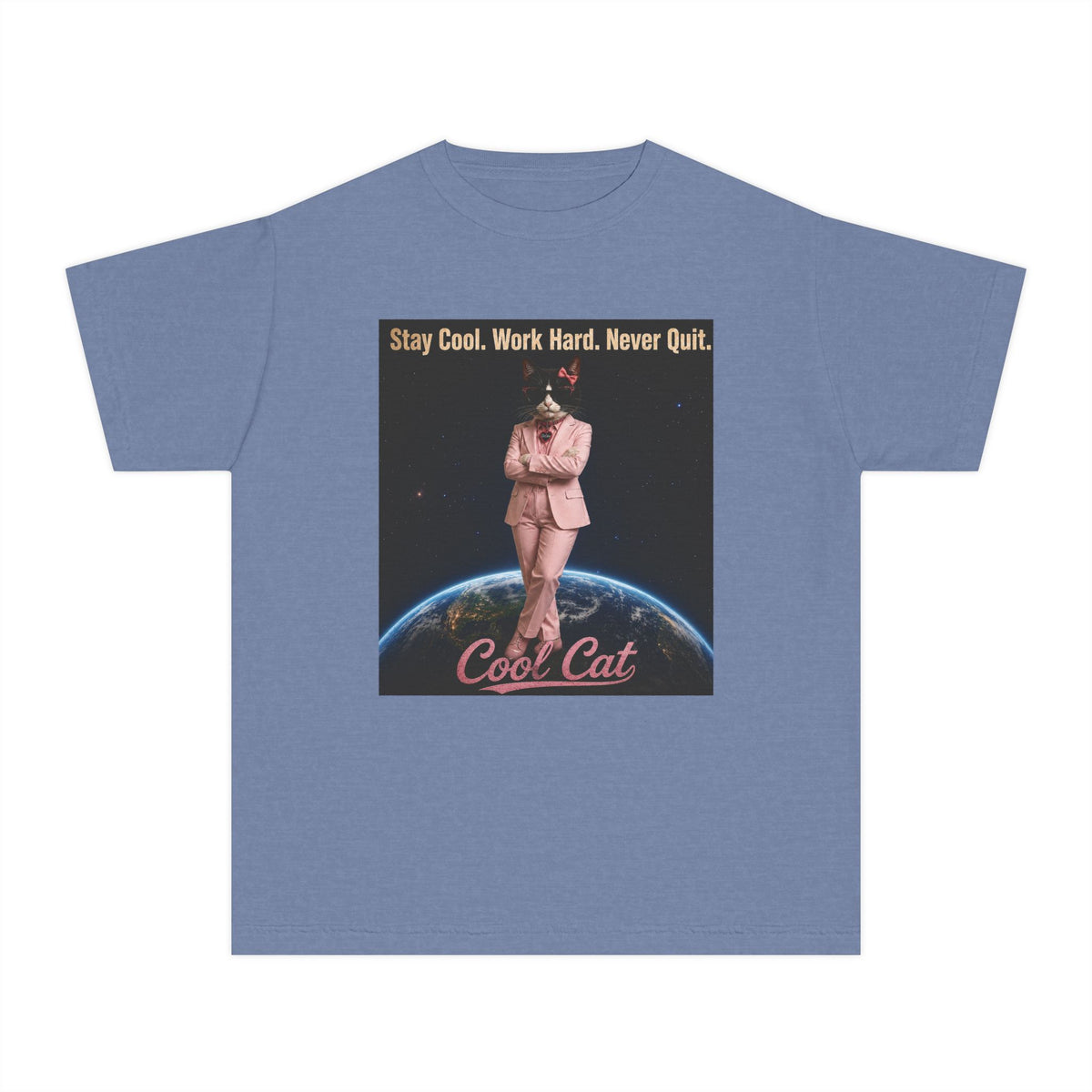 Cool Cat De Dee Standing on the Globe  Youth Tee — "Stay Cool, Work Hard, Never Quit" Motivational Graphic Shirt