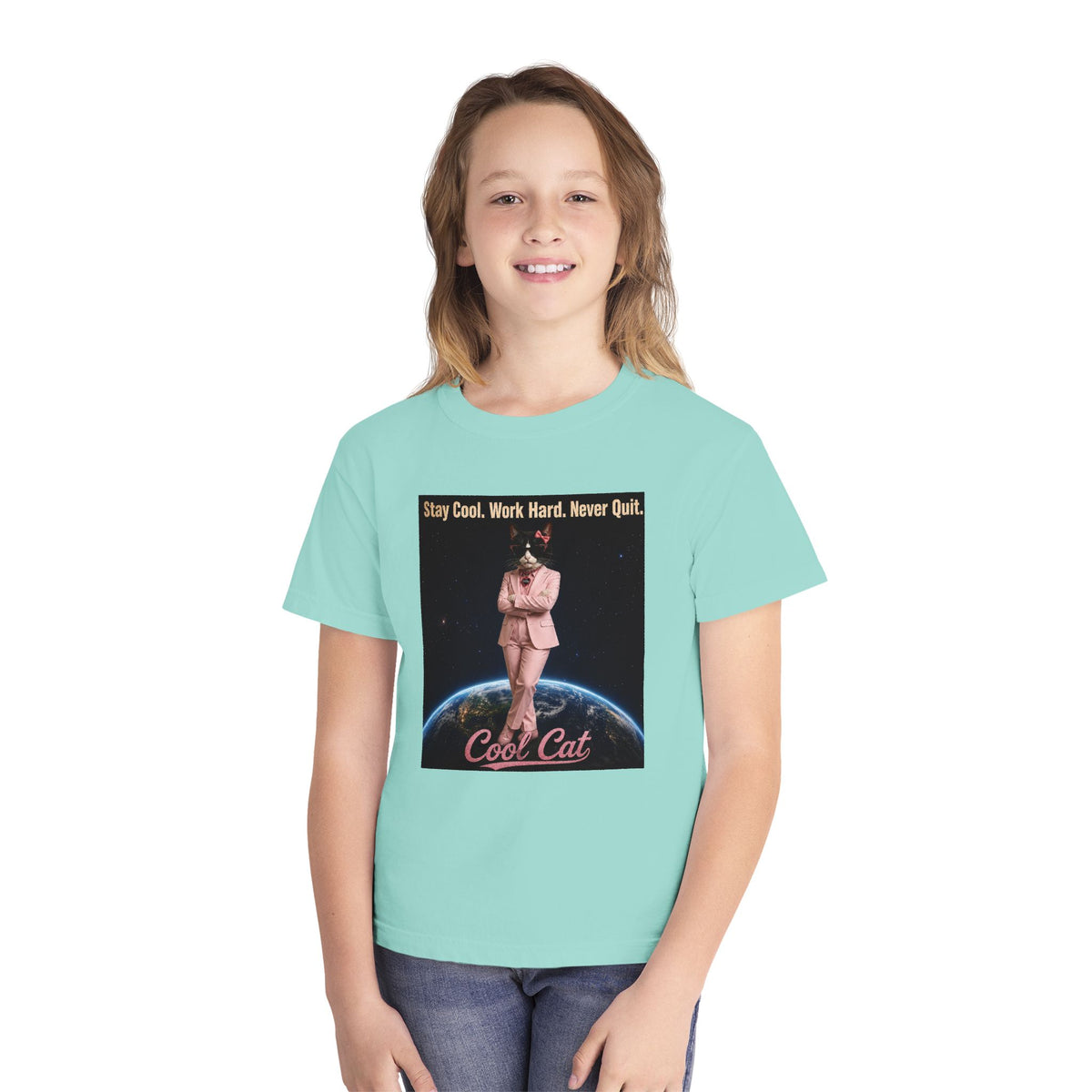 Cool Cat De Dee Standing on the Globe  Youth Tee — "Stay Cool, Work Hard, Never Quit" Motivational Graphic Shirt