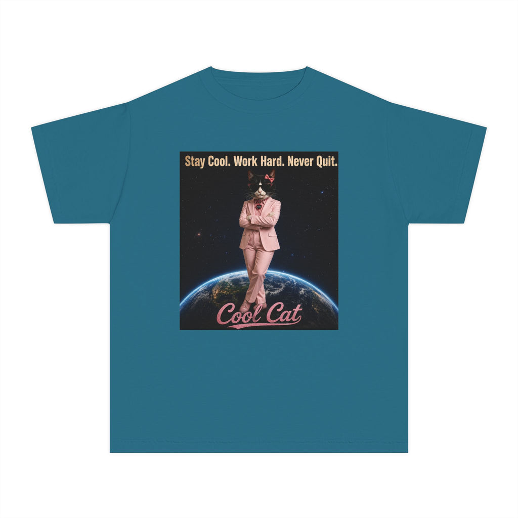 Cool Cat De Dee Standing on the Globe  Youth Tee — "Stay Cool, Work Hard, Never Quit" Motivational Graphic Shirt