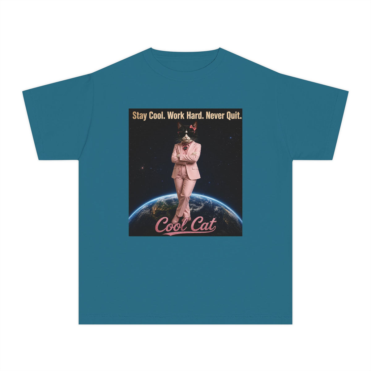 Cool Cat De Dee Standing on the Globe  Youth Tee — "Stay Cool, Work Hard, Never Quit" Motivational Graphic Shirt