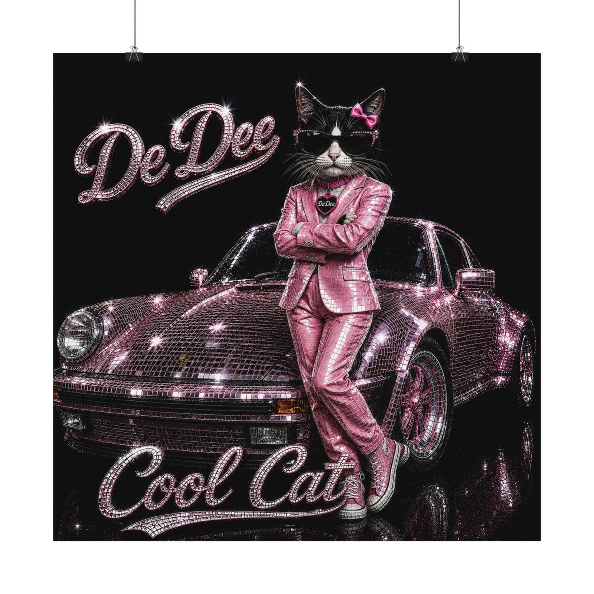 Cool Cat Sparkle pink car Satin Poster — "Stay Cool. Work Hard. Never Quit." Motivational Cat on the globe.