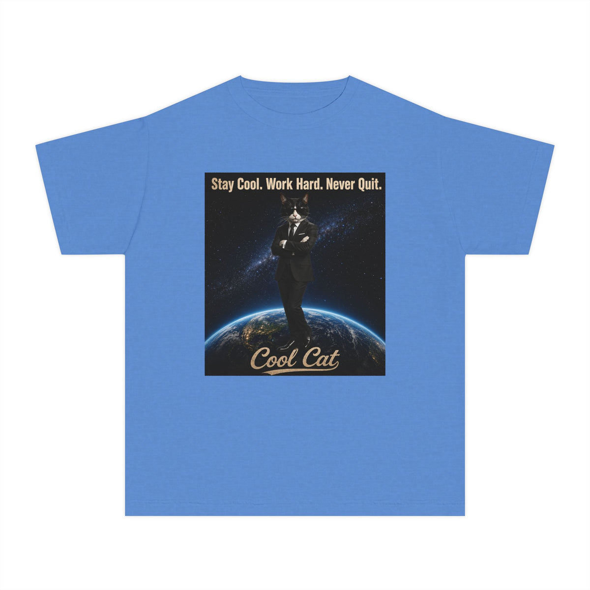Cool Cat Youth Tee — "Stay Cool, Work Hard, Never Quit" Motivational Graphic Shirt