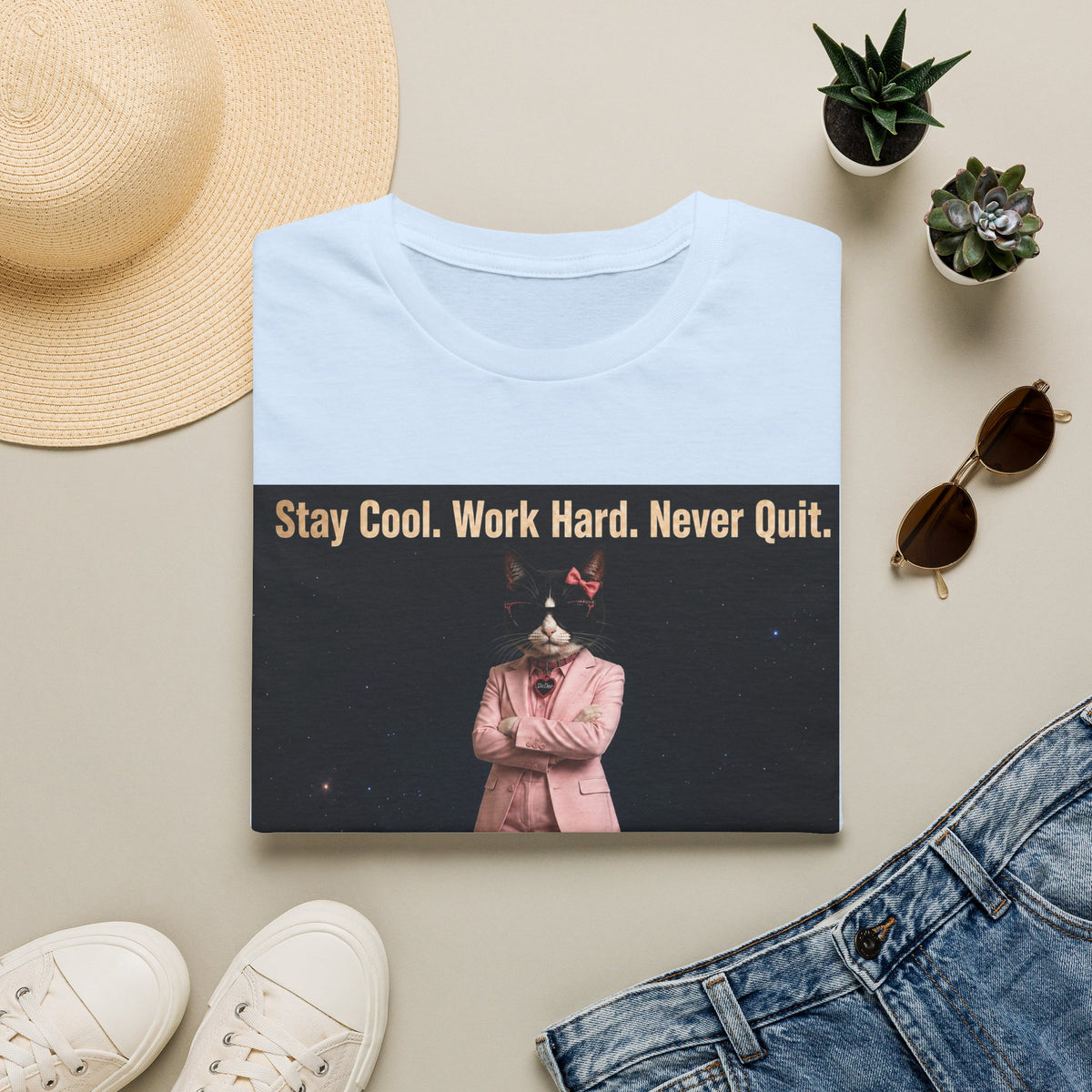 Cool Cat De Dee Standing on the Globe Motivational T-Shirt — "Stay Cool. Work Hard. Never Quit."