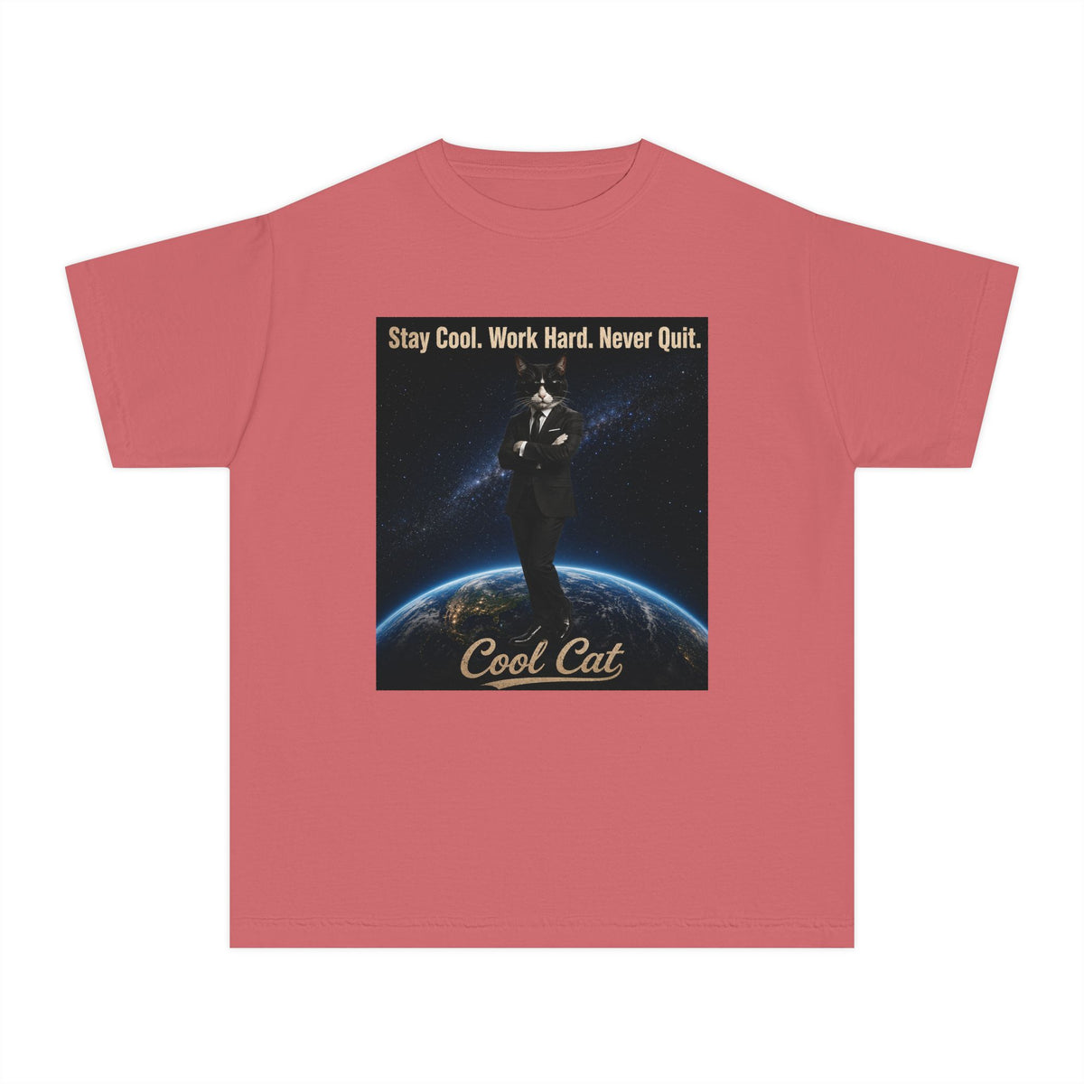 Cool Cat Youth Tee — "Stay Cool, Work Hard, Never Quit" Motivational Graphic Shirt